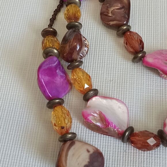 Pink & Brown Colorful Beaded Triple Strand Statement Necklace & Dangle Earrings - Picture 4 of 11